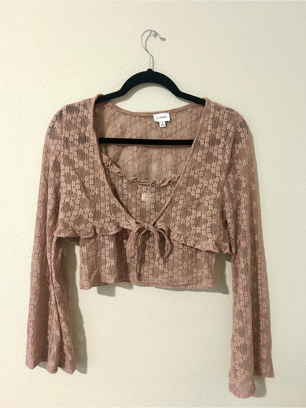 La Hearts Dusty Rose Lace Tie-Front Cropped Blouse